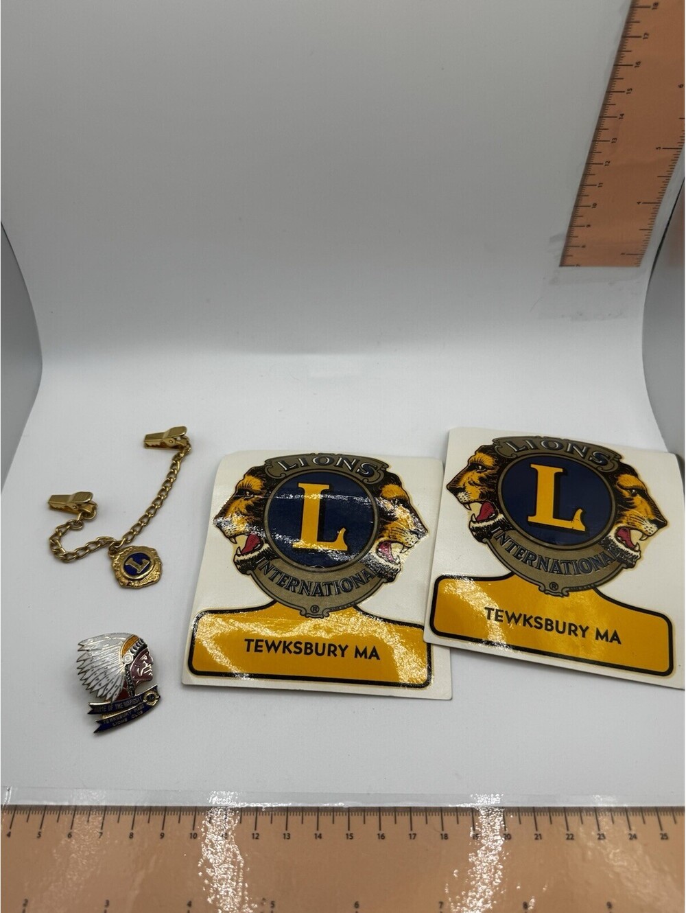 Vintage Lions Club Lot - Tewksbury Mass - Decals Button & Collar Clip